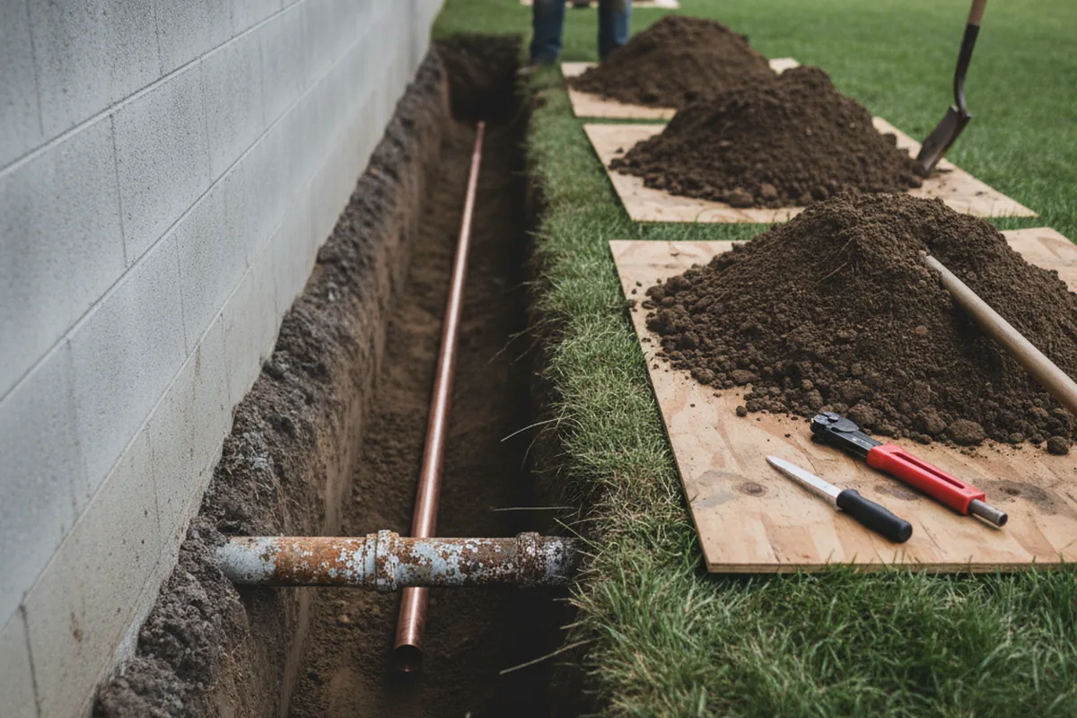 Excavated water line trench during Sewer Line Repair in East Carondelet